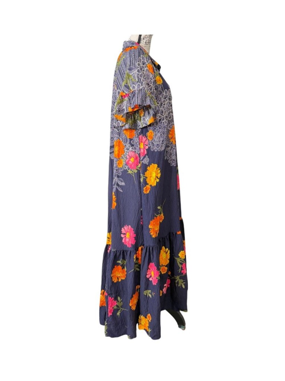 Anthropologie Womens Size L Floral Maxi Dress Ruffle-Sleeves Button-Front Collar - Picture 2 of 8